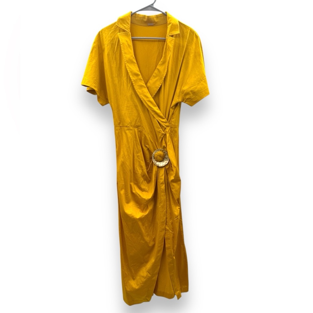 Cult Gaia Calista Short Sleeve Faux Wrap Midi Dress‎ in Tumeric Gold Yellow Sz 2 - Picture 2 of 12